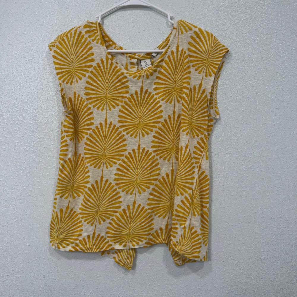 Joie Women Yellow Palm Leaf Print 100% Linen Button Back Sleeveless Top Large
